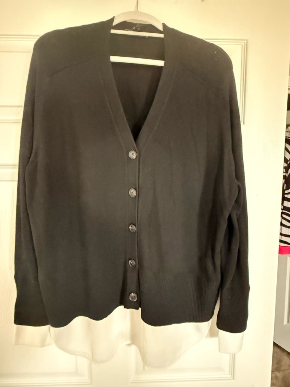 Karen Kane Black Button V-Neck Cardigan with Cream Layered Hem